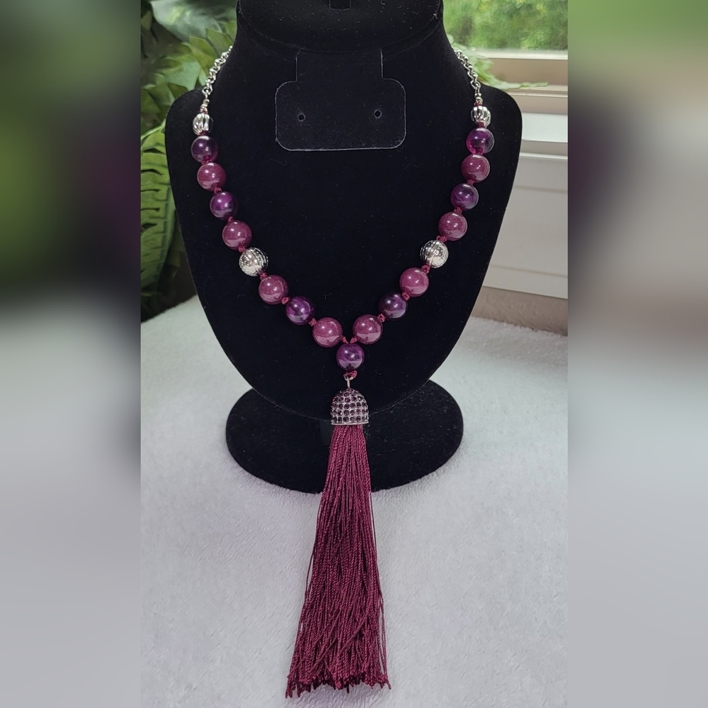 CATO Purple and Silver Beaded Tassel Drop Necklace